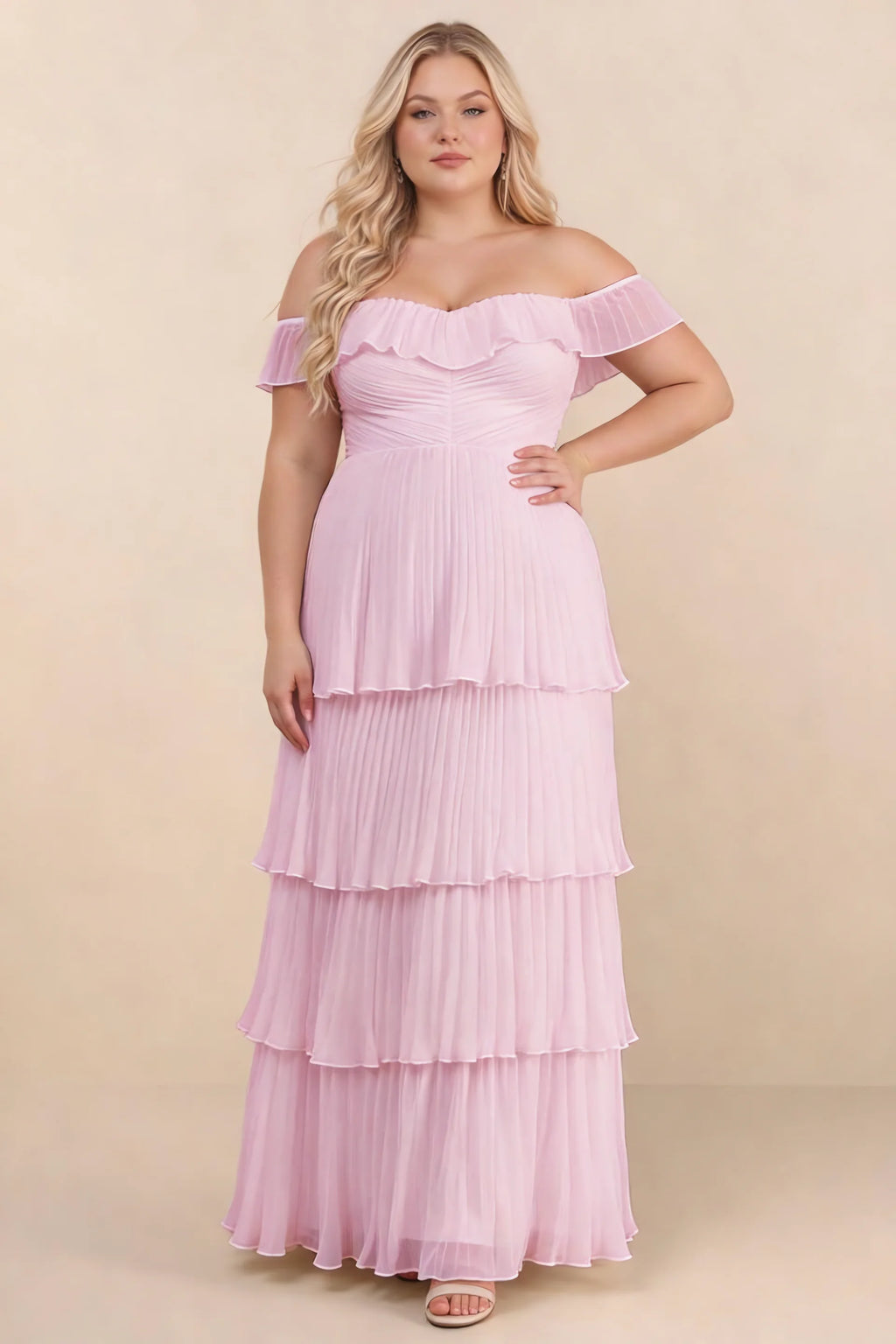 Front view on a second model of Seraphina candy pink tiered ruffle maxi dress with a long flowing skirt