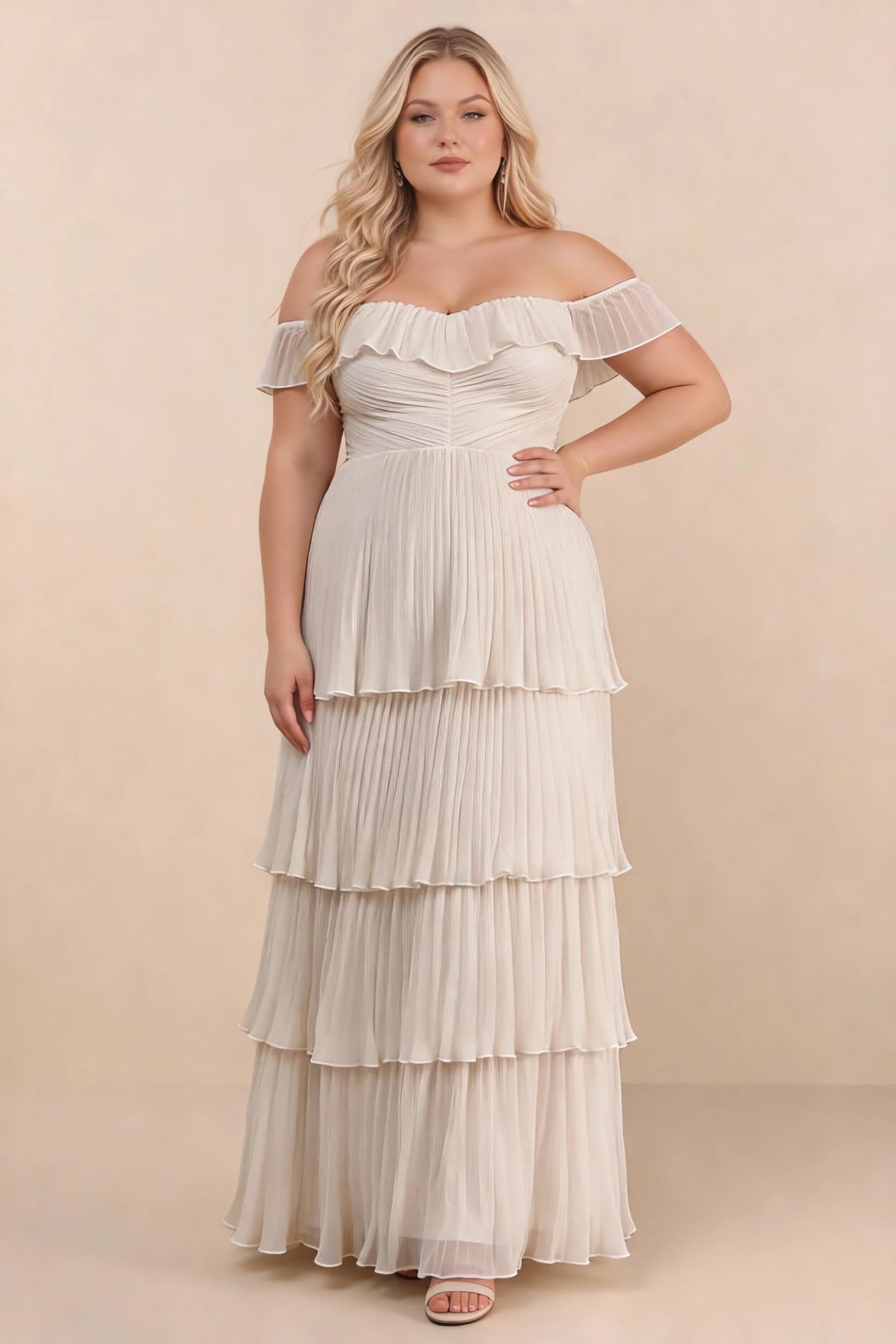 Front view on a second model of Seraphina cream tiered ruffle maxi dress with a long flowing skirt