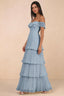 Front studio view of Seraphina dusty blue tiered ruffle maxi dress with a long flowing skirt
