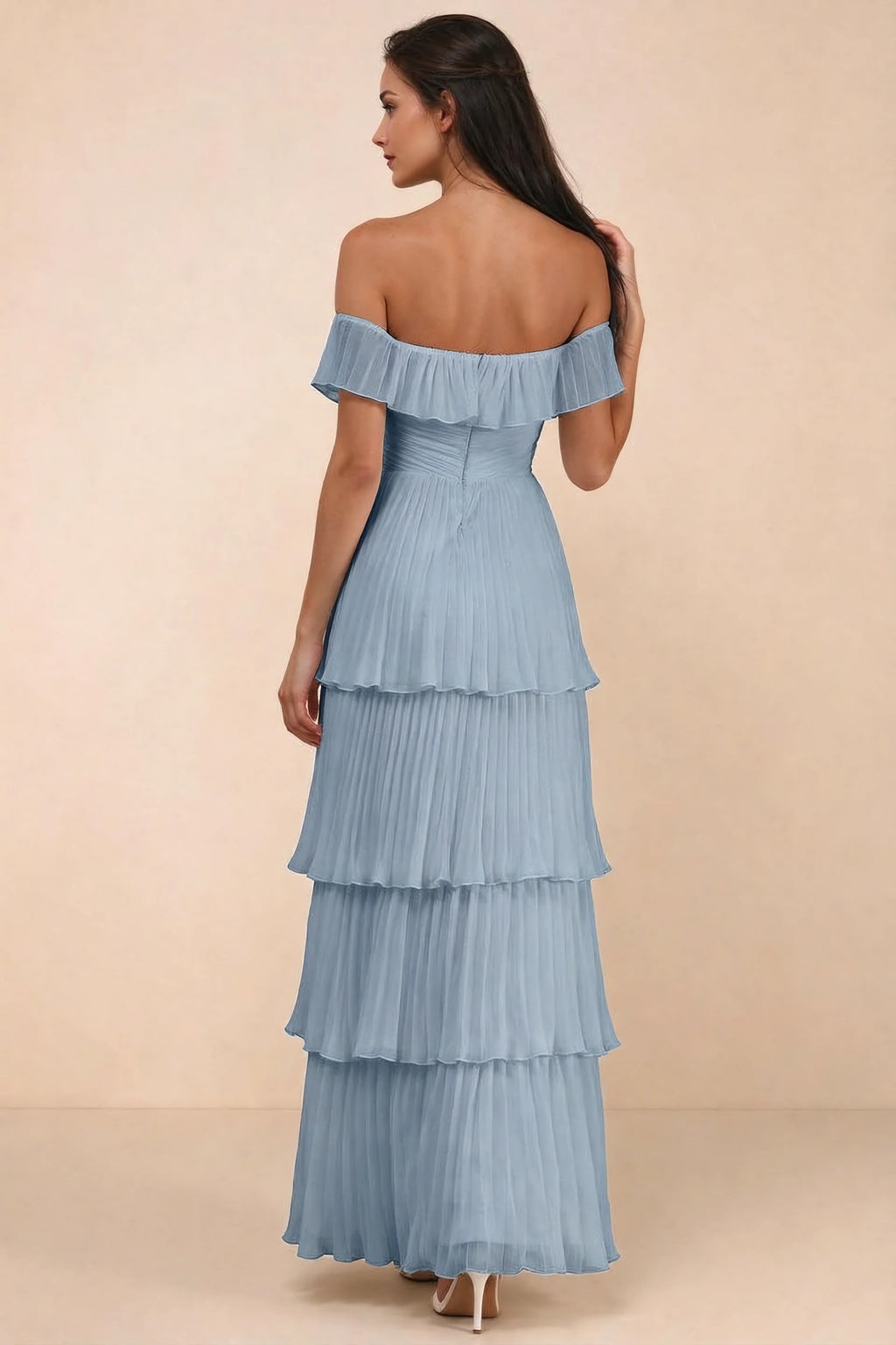 Rear studio view of Seraphina dusty blue tiered ruffle maxi dress with a long flowing skirt