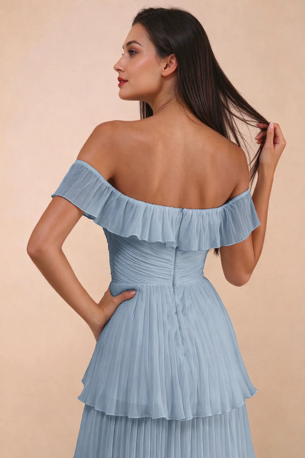 Close-up of back neckline ruffle, ruching and centre-back zipper of Seraphina dusty blue tiered ruffle maxi dress