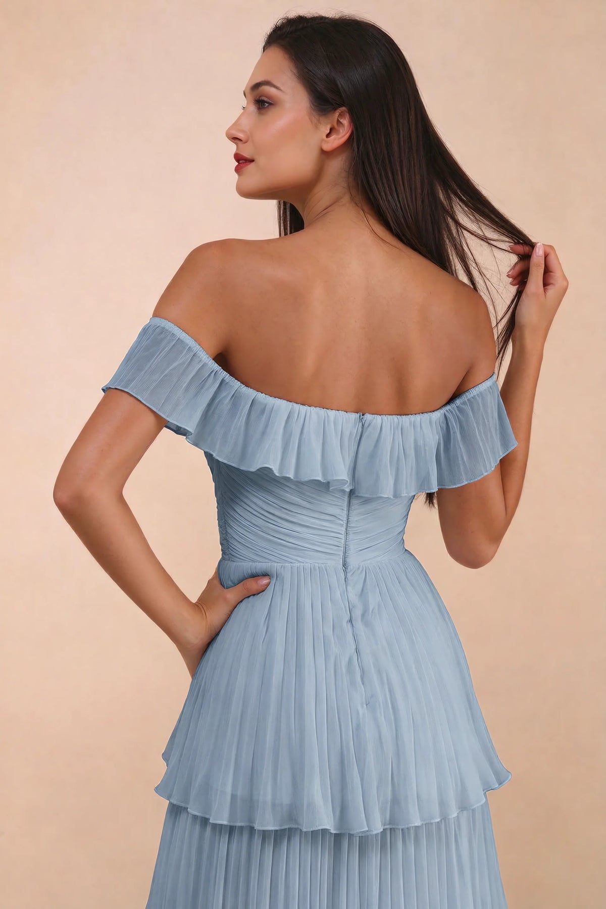 Close-up of back neckline ruffle, ruching and centre-back zipper of Seraphina dusty blue tiered ruffle maxi dress