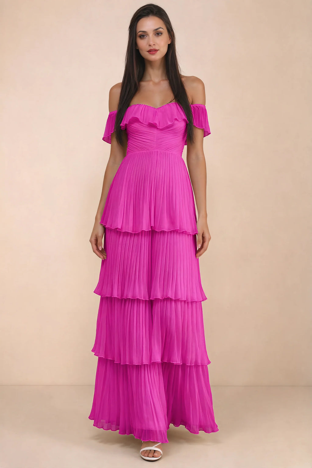 Front studio view of Seraphina fuchsia tiered ruffle maxi dress with a long flowing skirt