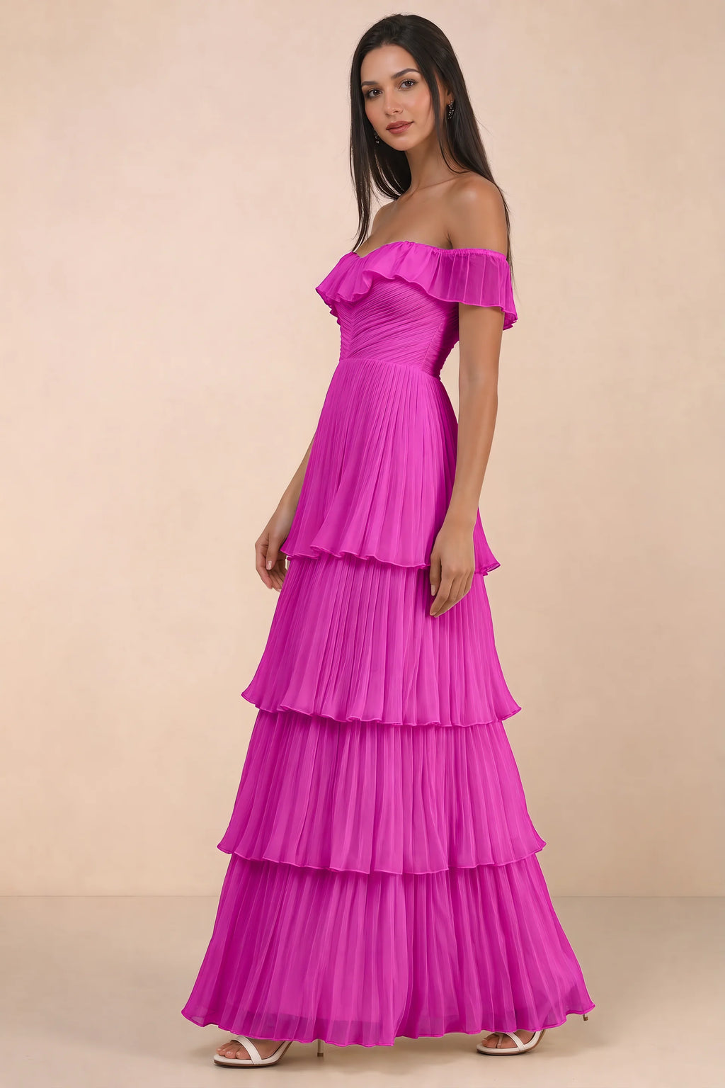 Alternate front studio view of Seraphina fuchsia tiered ruffle maxi dress with a long flowing skirt