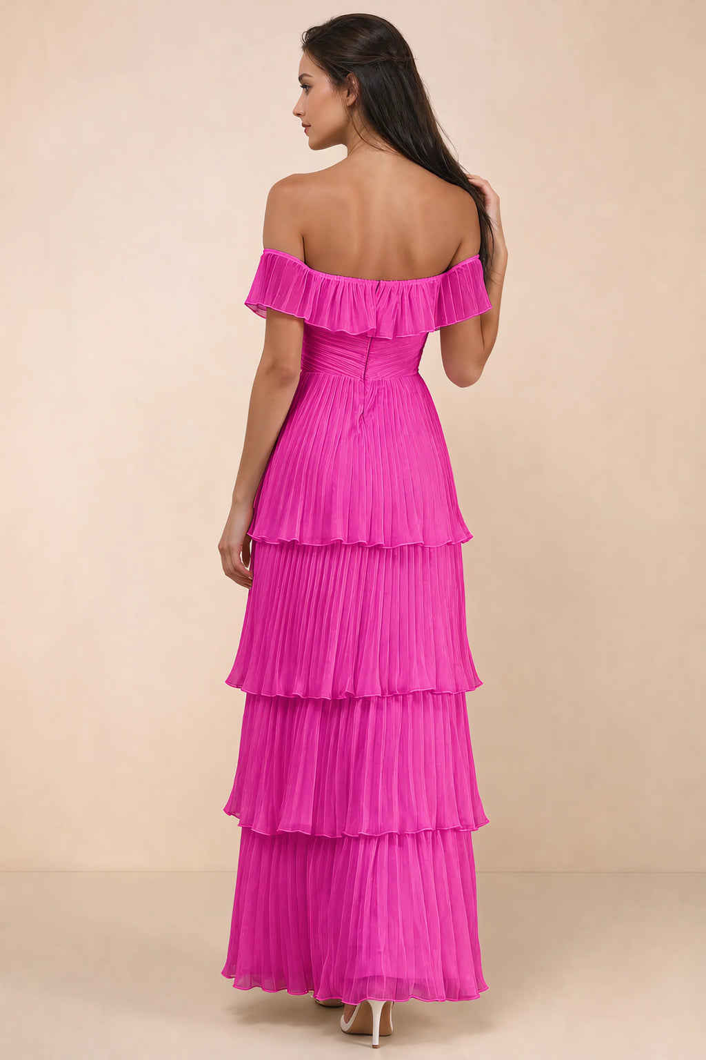 Rear studio view of Seraphina fuchsia tiered ruffle maxi dress with a long flowing skirt