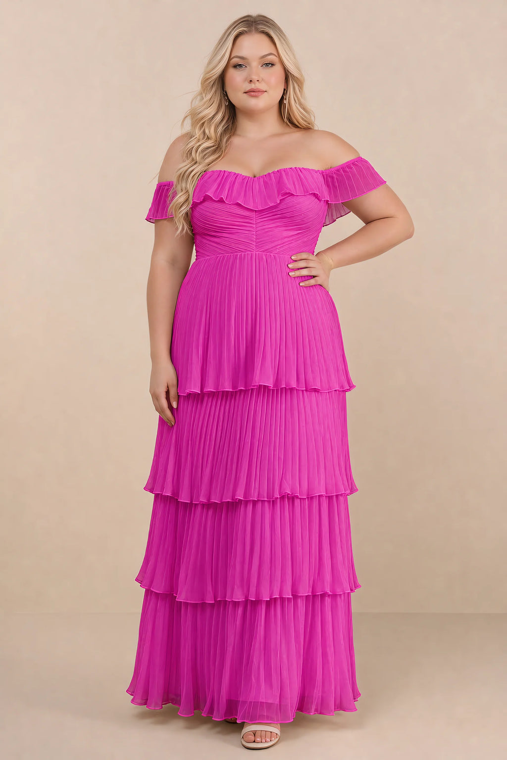 Front view on a second model of Seraphina fuchsia tiered ruffle maxi dress with a long flowing skirt