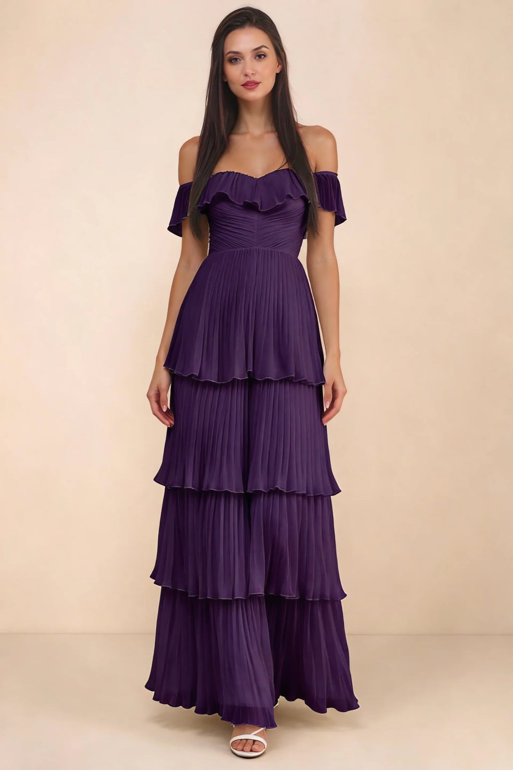Front studio view of Seraphina grape tiered ruffle maxi dress with a long flowing skirt