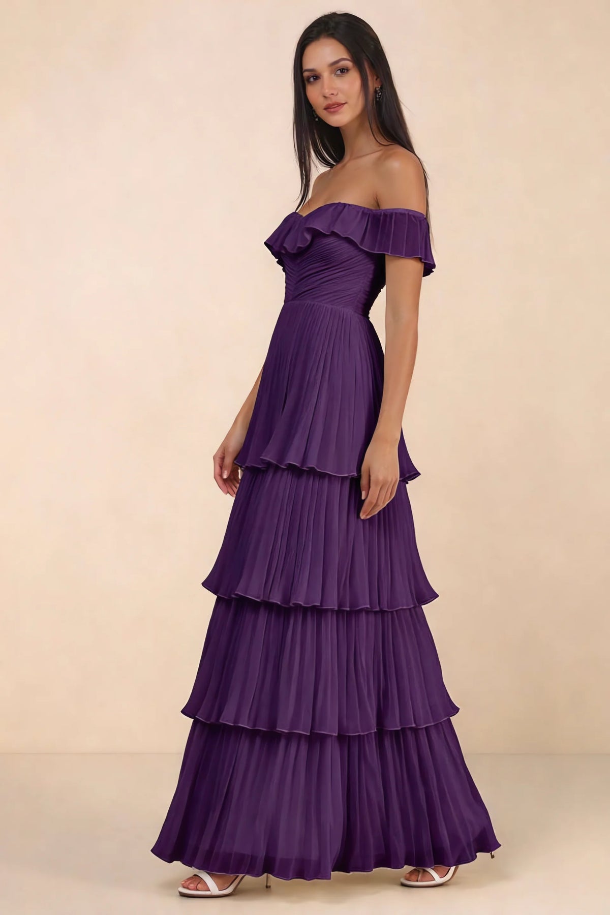 Alternate front studio view of Seraphina grape tiered ruffle maxi dress with a long flowing skirt