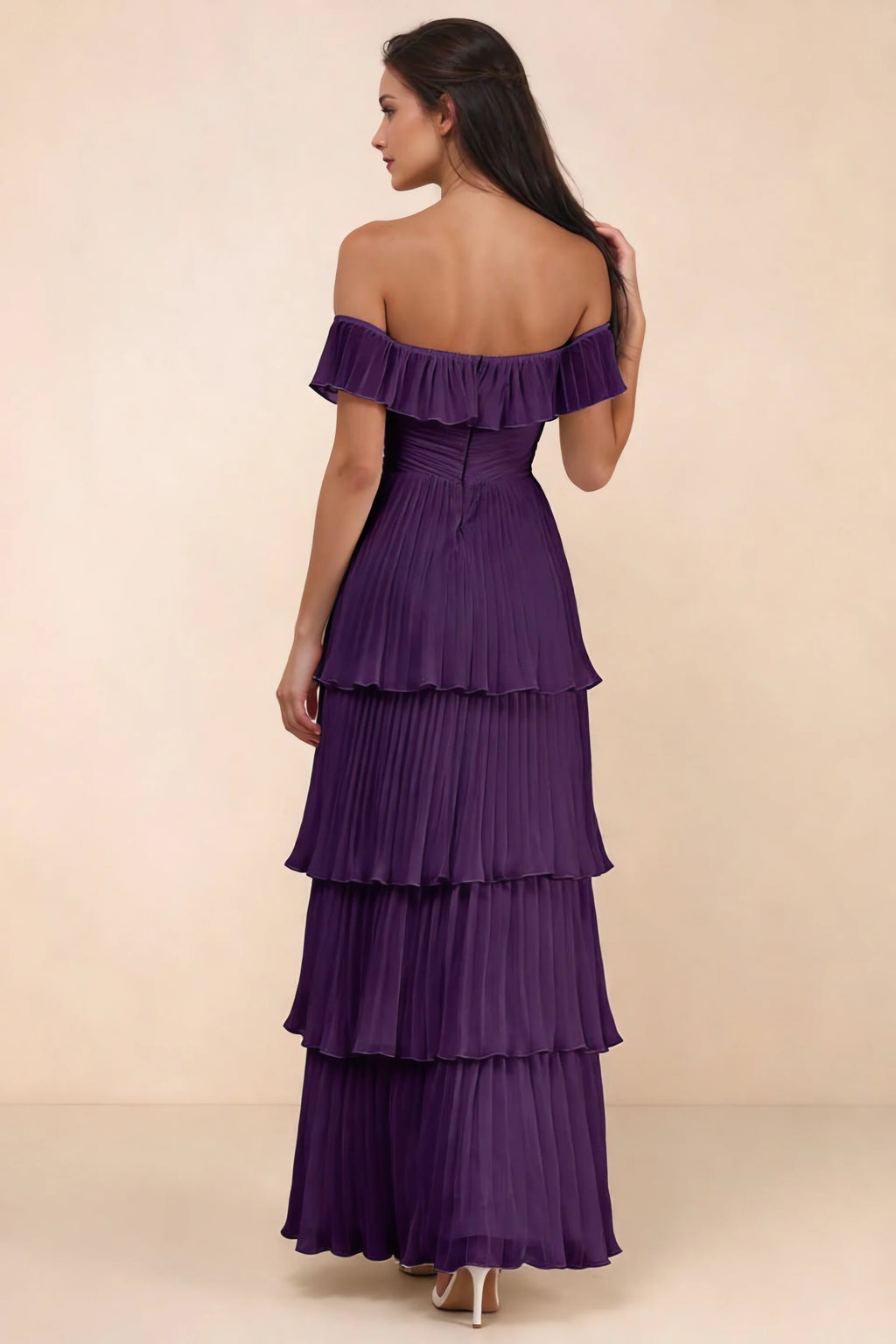 Rear studio view of Seraphina grape tiered ruffle maxi dress with a long flowing skirt