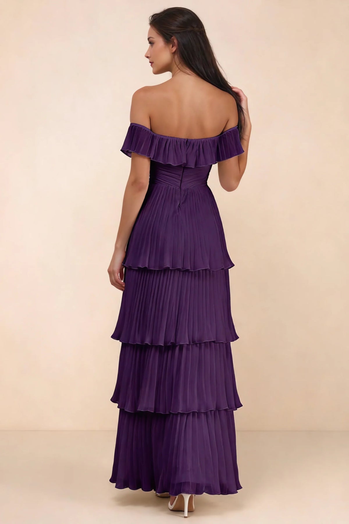 Rear studio view of Seraphina grape tiered ruffle maxi dress with a long flowing skirt