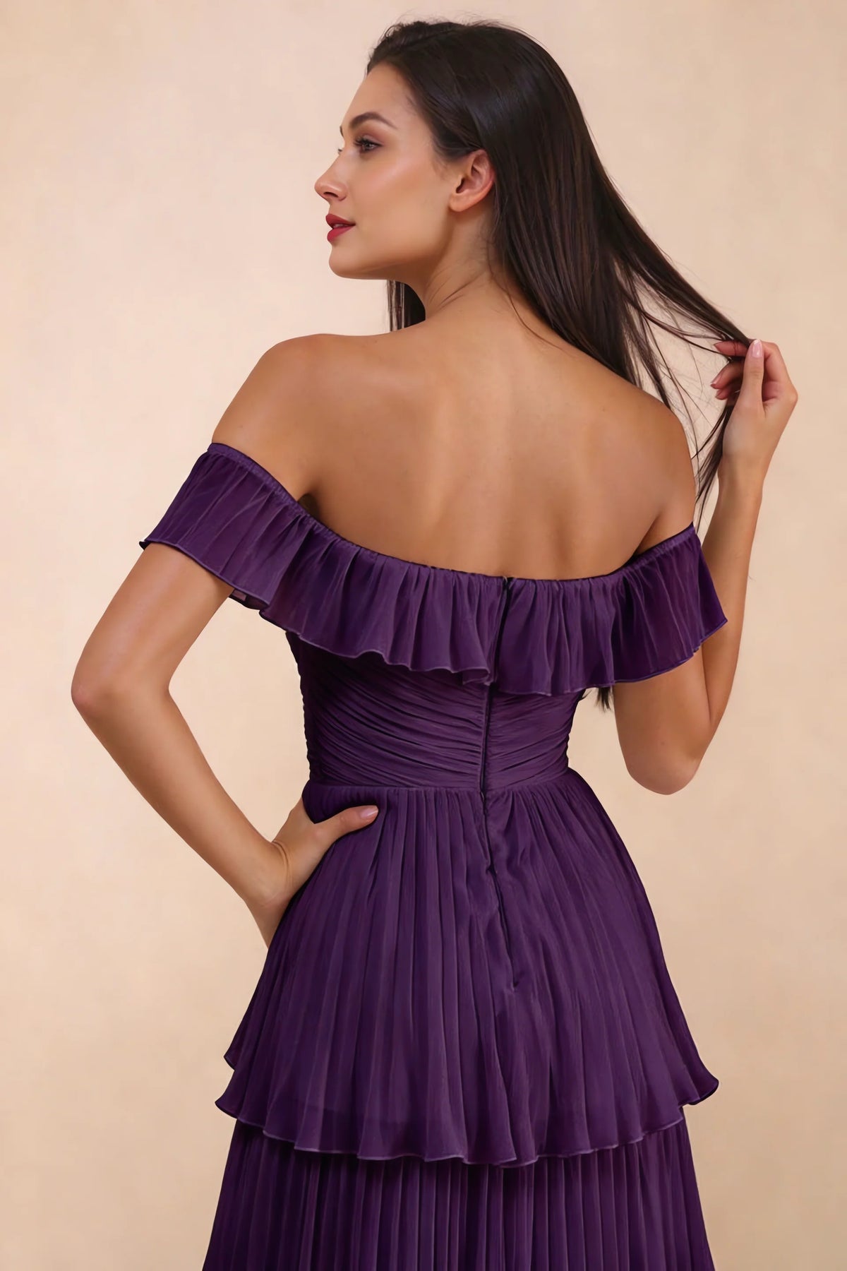 Close-up of back neckline ruffle, ruching and centre-back zipper of Seraphina grape tiered ruffle maxi dress