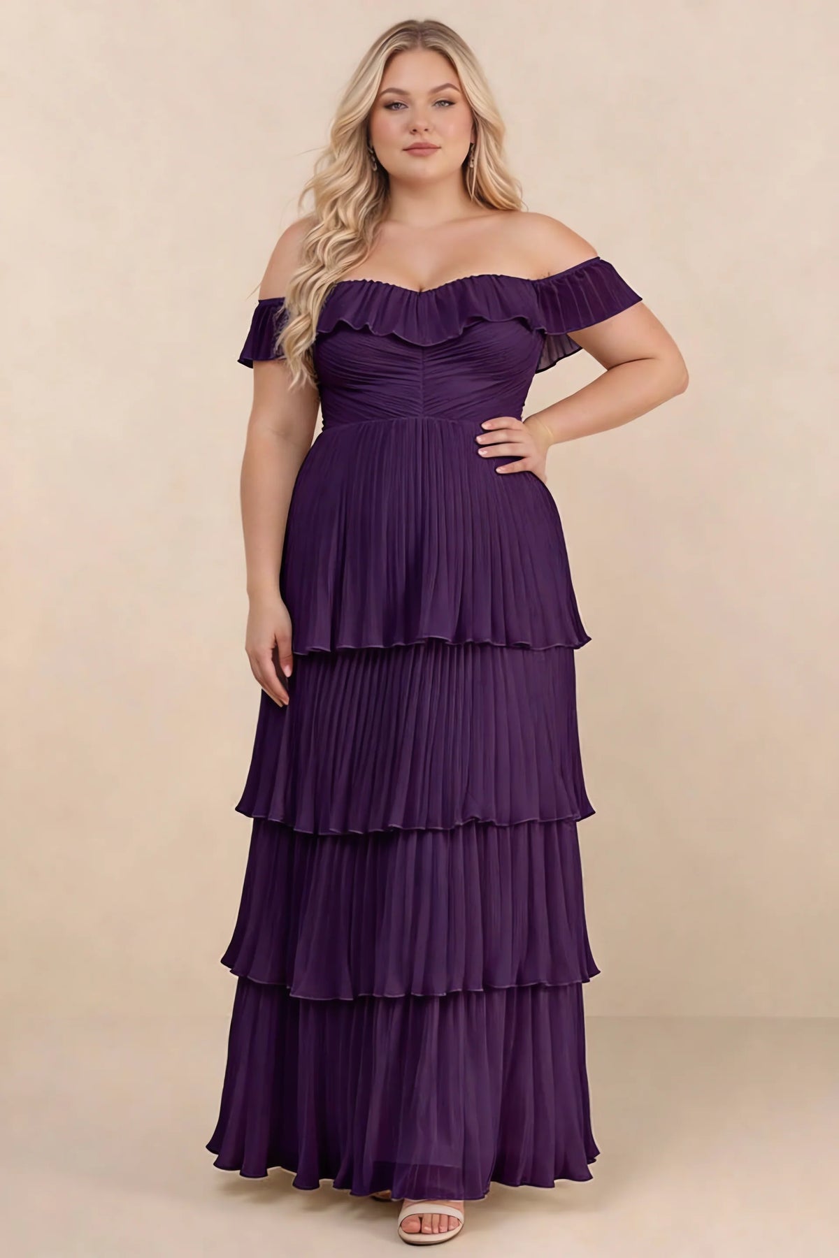 Front view on a second model of Seraphina grape tiered ruffle maxi dress with a long flowing skirt
