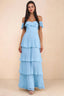 Front studio view of Seraphina haze blue tiered ruffle maxi dress with a long flowing skirt