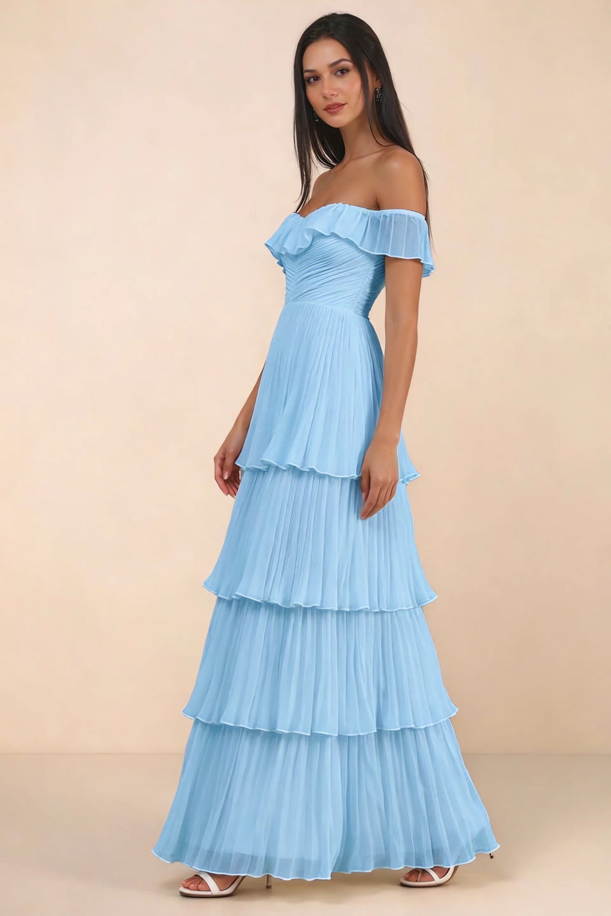Alternate front studio view of Seraphina haze blue tiered ruffle maxi dress with a long flowing skirt