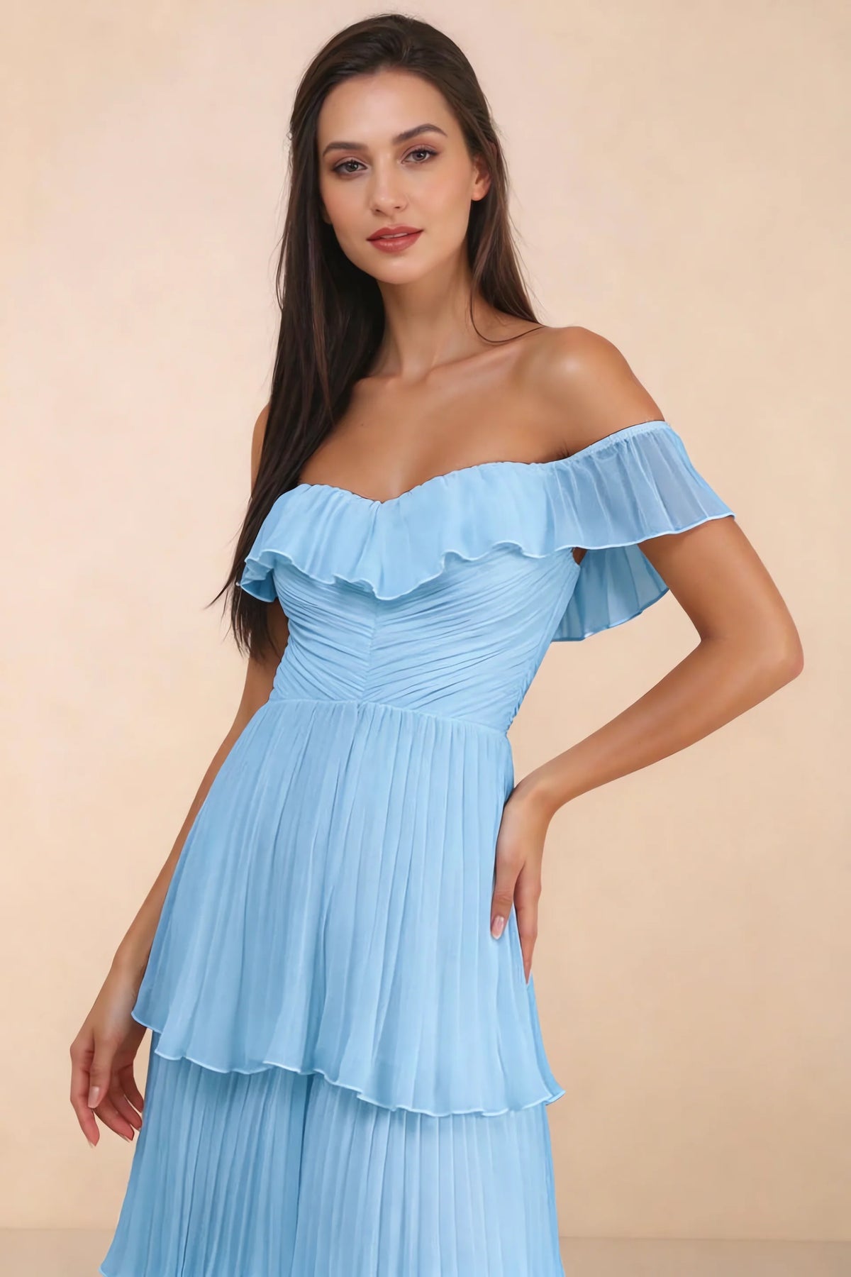 Close-up of shallow sweetheart neckline and off-shoulder ruffle and tiered skirt of Seraphina haze blue tiered ruffle maxi dress