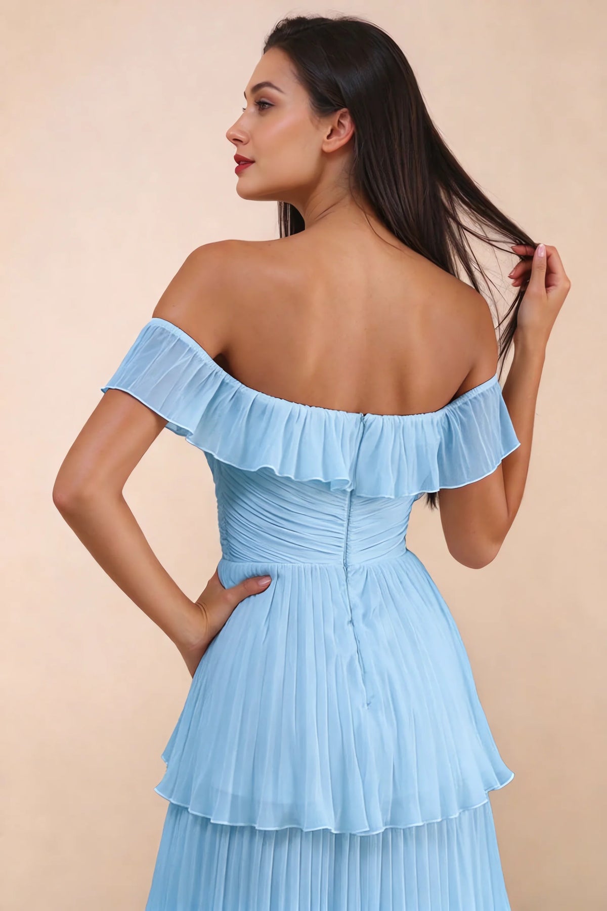 Close-up of back neckline ruffle, ruching and centre-back zipper of Seraphina haze blue tiered ruffle maxi dress