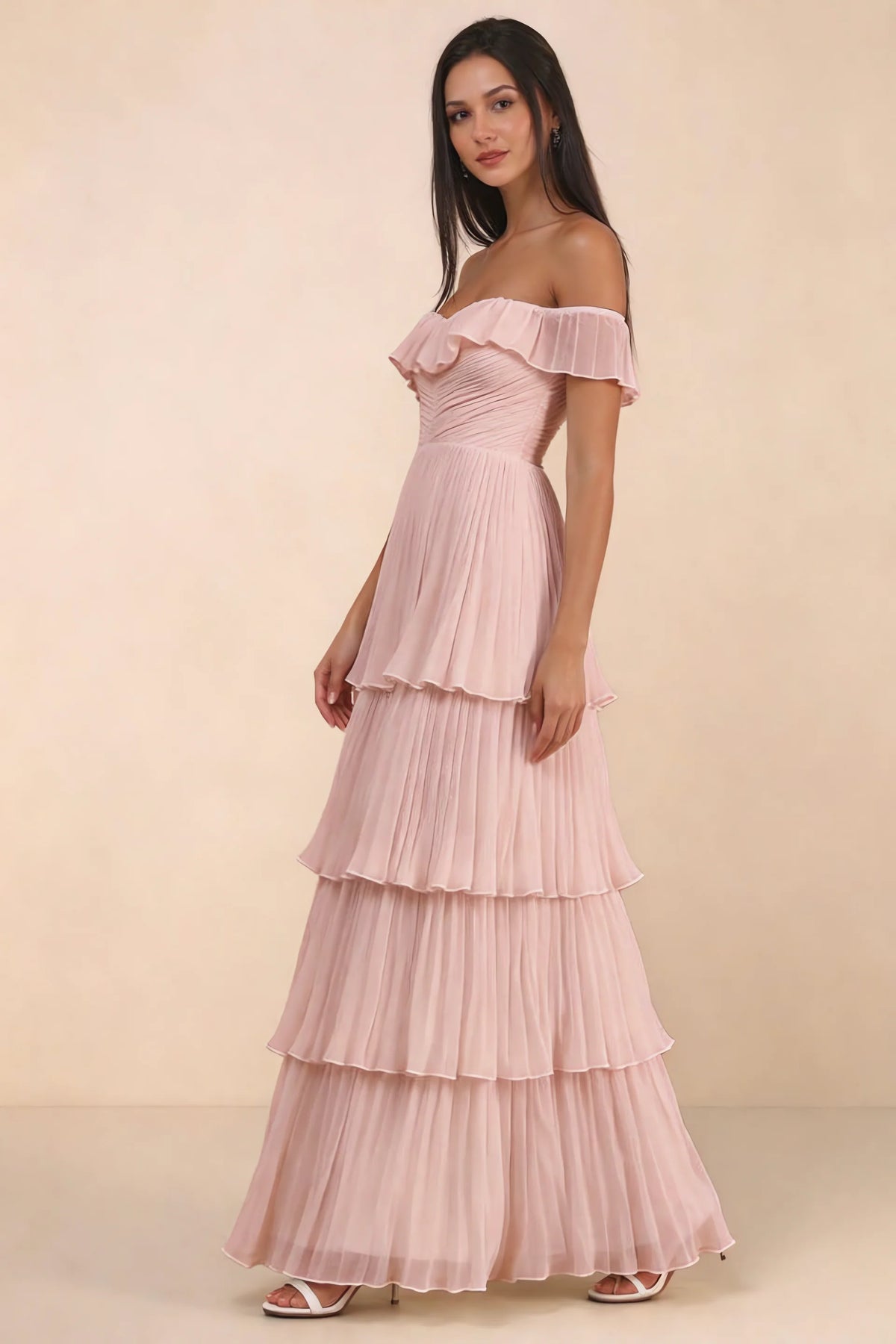 Front studio view of Seraphina haze pink tiered ruffle maxi dress with a long flowing skirt