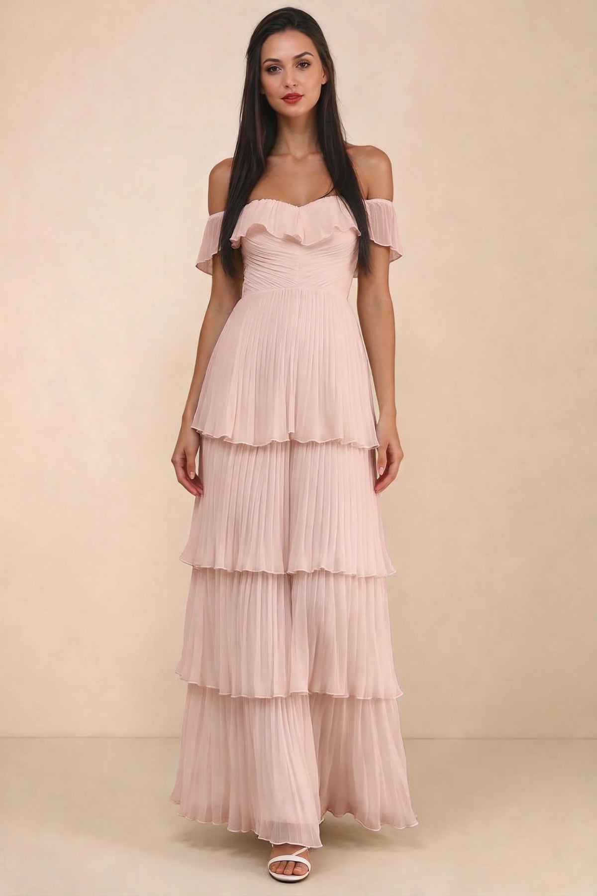 Alternate front studio view of Seraphina haze pink tiered ruffle maxi dress with a long flowing skirt