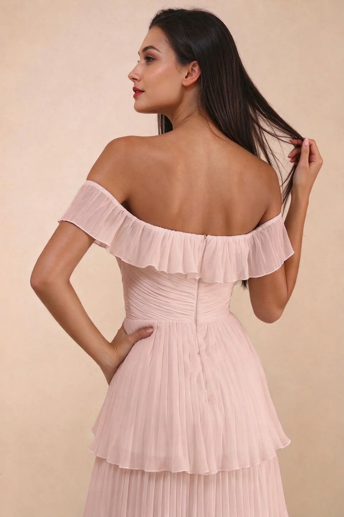 Close-up of back neckline ruffle, ruching and centre-back zipper of Seraphina haze pink tiered ruffle maxi dress