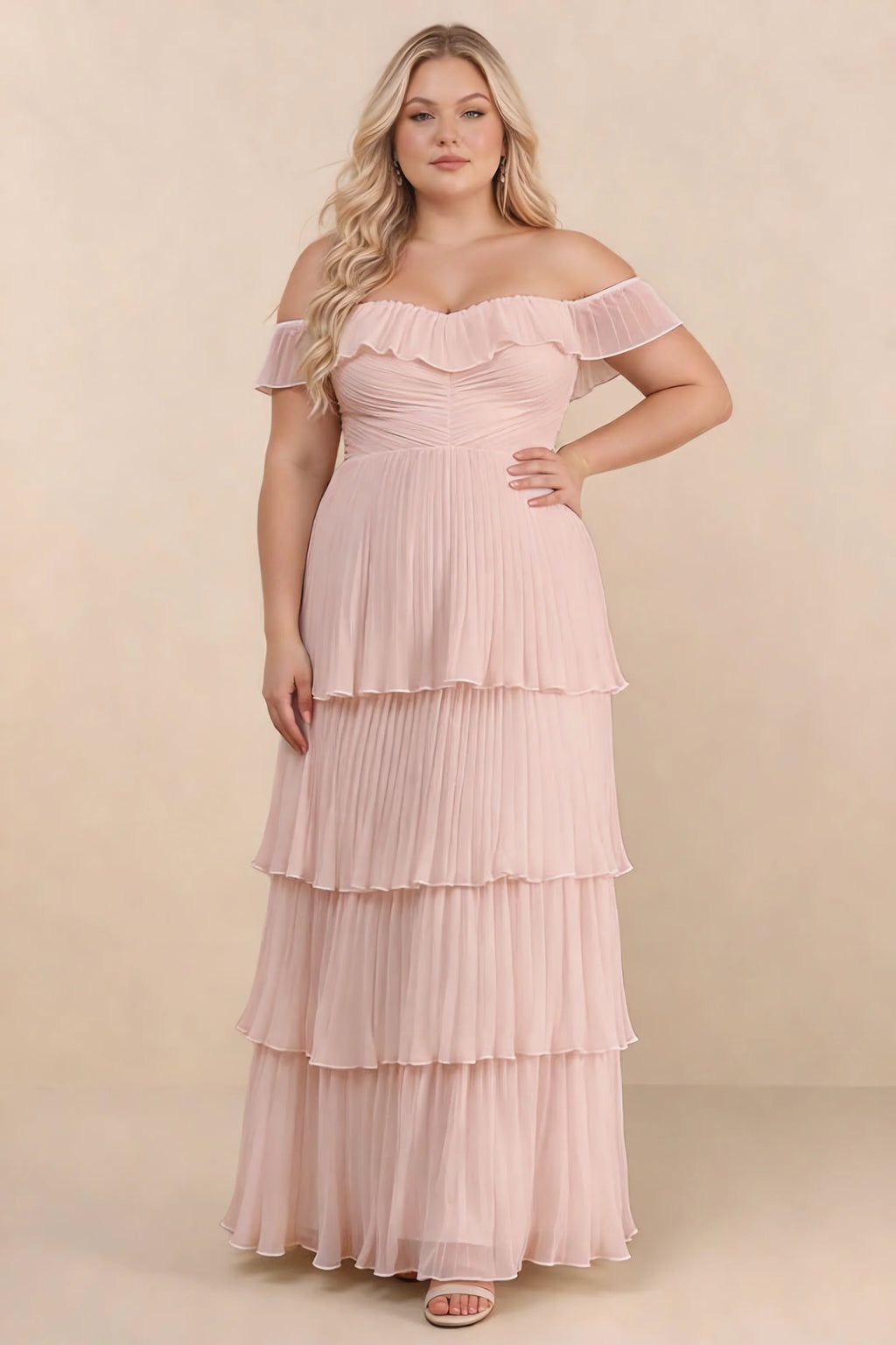 Front view on a second model of Seraphina haze pink tiered ruffle maxi dress with a long flowing skirt