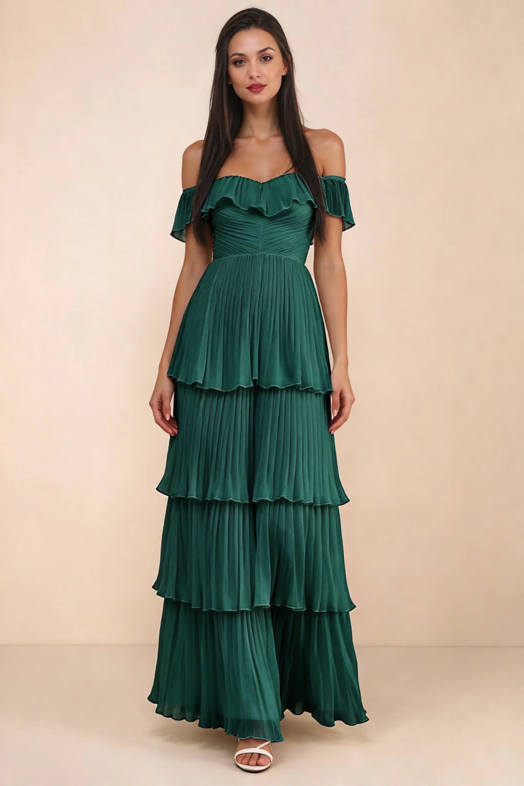 Front studio view of Seraphina hunter green tiered ruffle maxi dress with a long flowing skirt