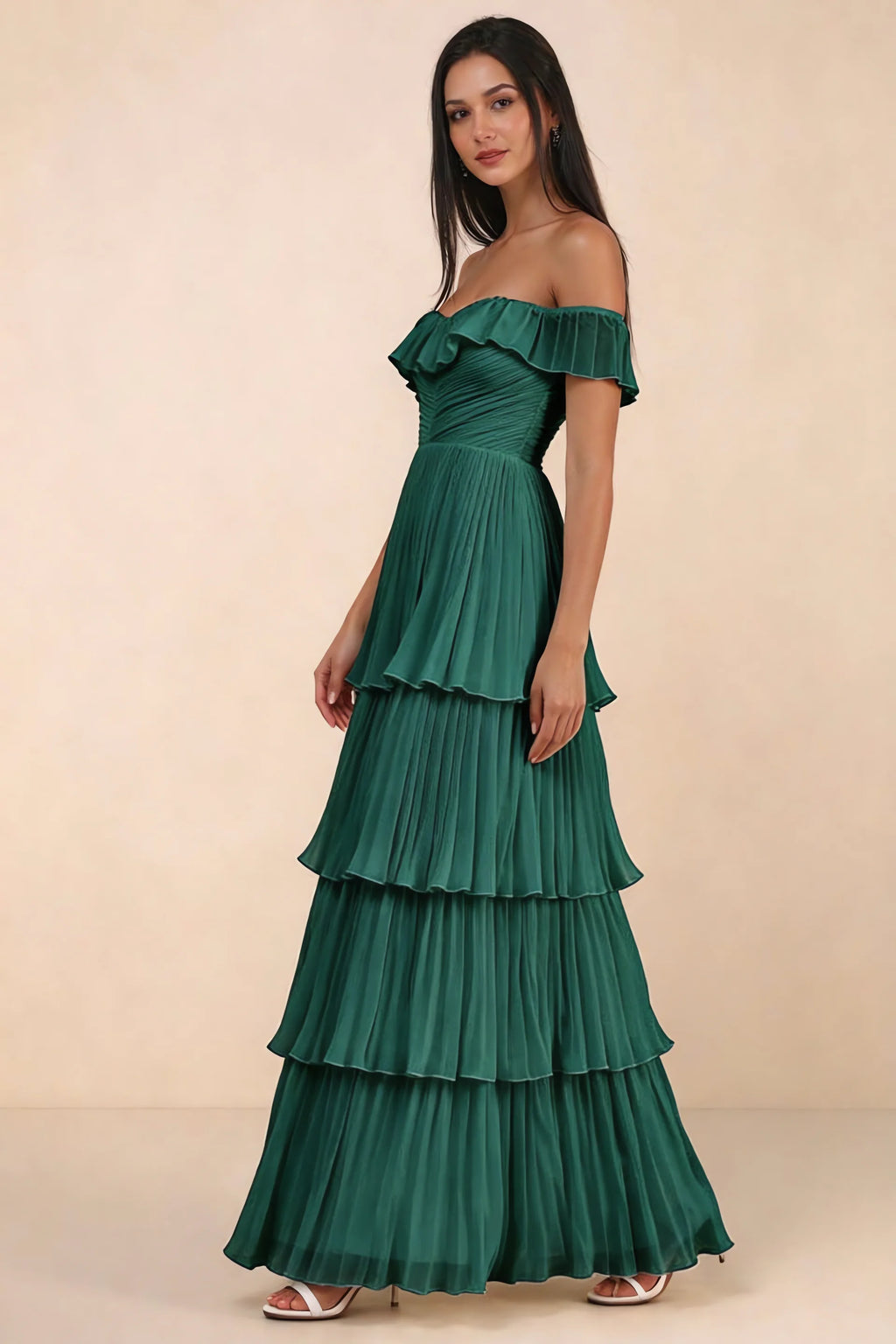 Alternate front studio view of Seraphina hunter green tiered ruffle maxi dress with a long flowing skirt