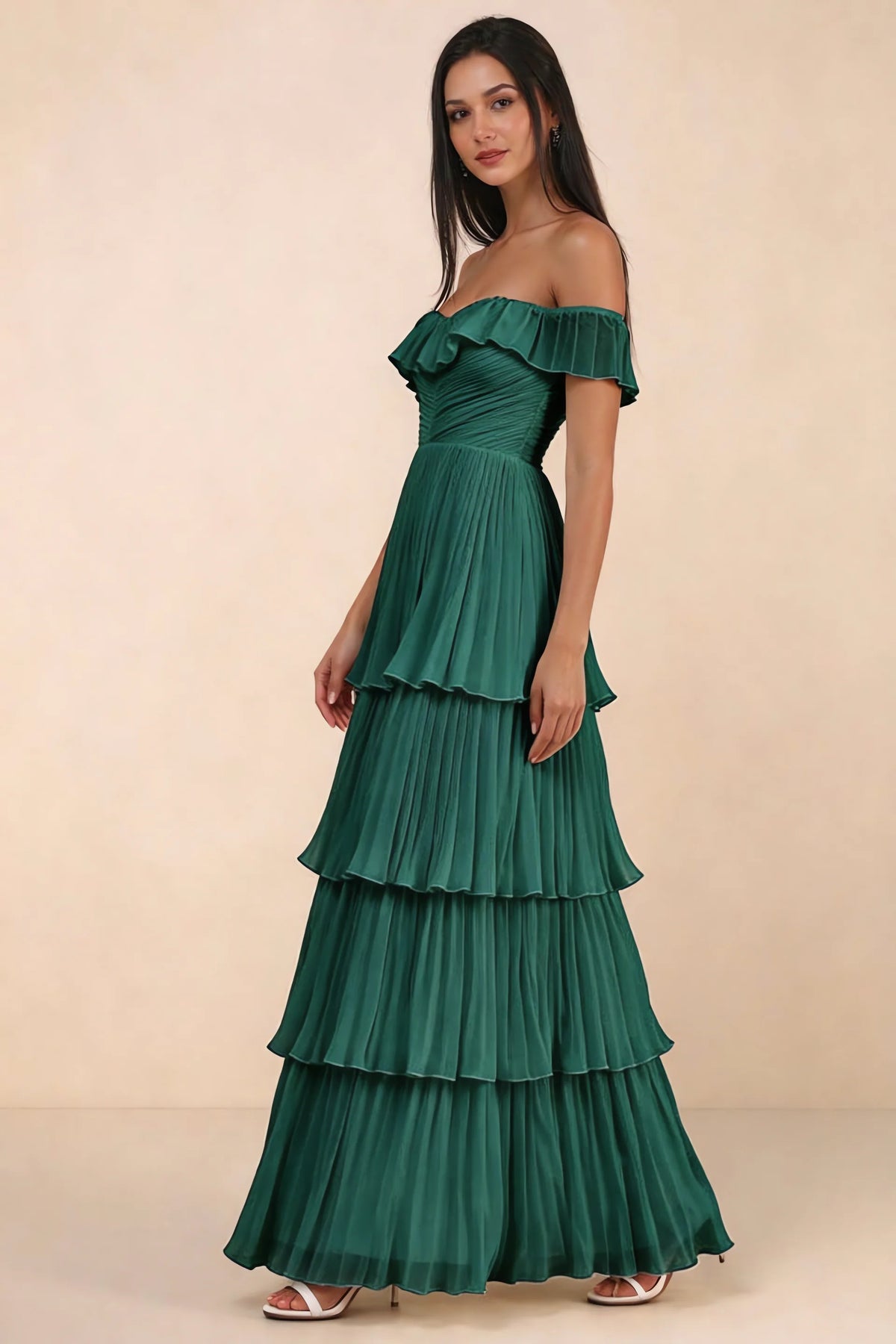 Alternate front studio view of Seraphina hunter green tiered ruffle maxi dress with a long flowing skirt
