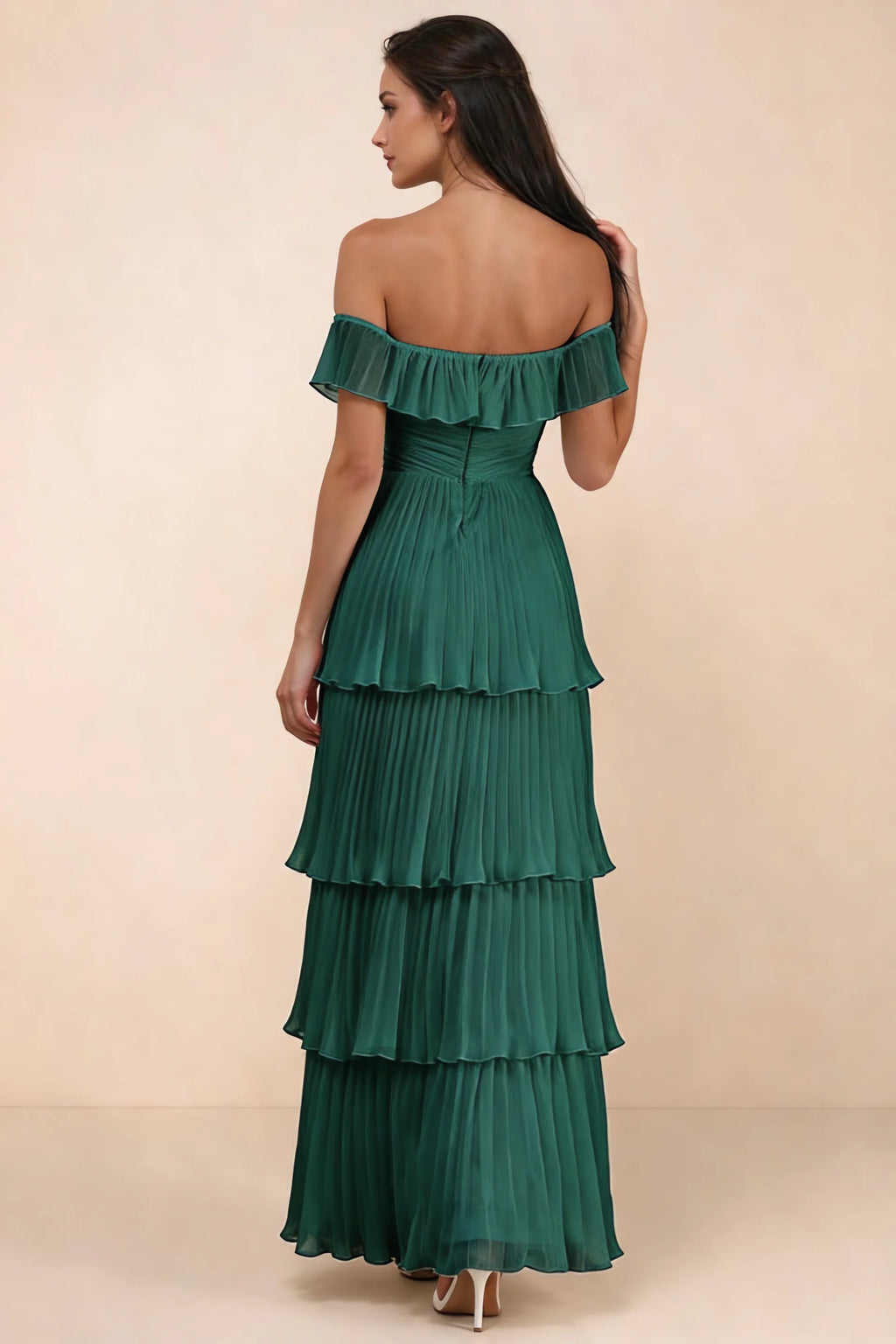 Rear studio view of Seraphina hunter green tiered ruffle maxi dress with a long flowing skirt