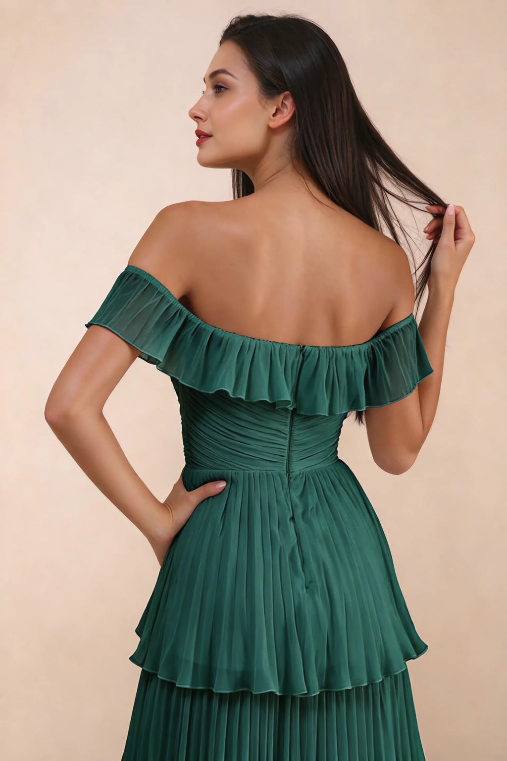 Close-up of back neckline ruffle, ruching and centre-back zipper of Seraphina hunter green tiered ruffle maxi dress