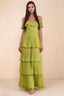 Front studio view of Seraphina lemon green tiered ruffle maxi dress with a long flowing skirt