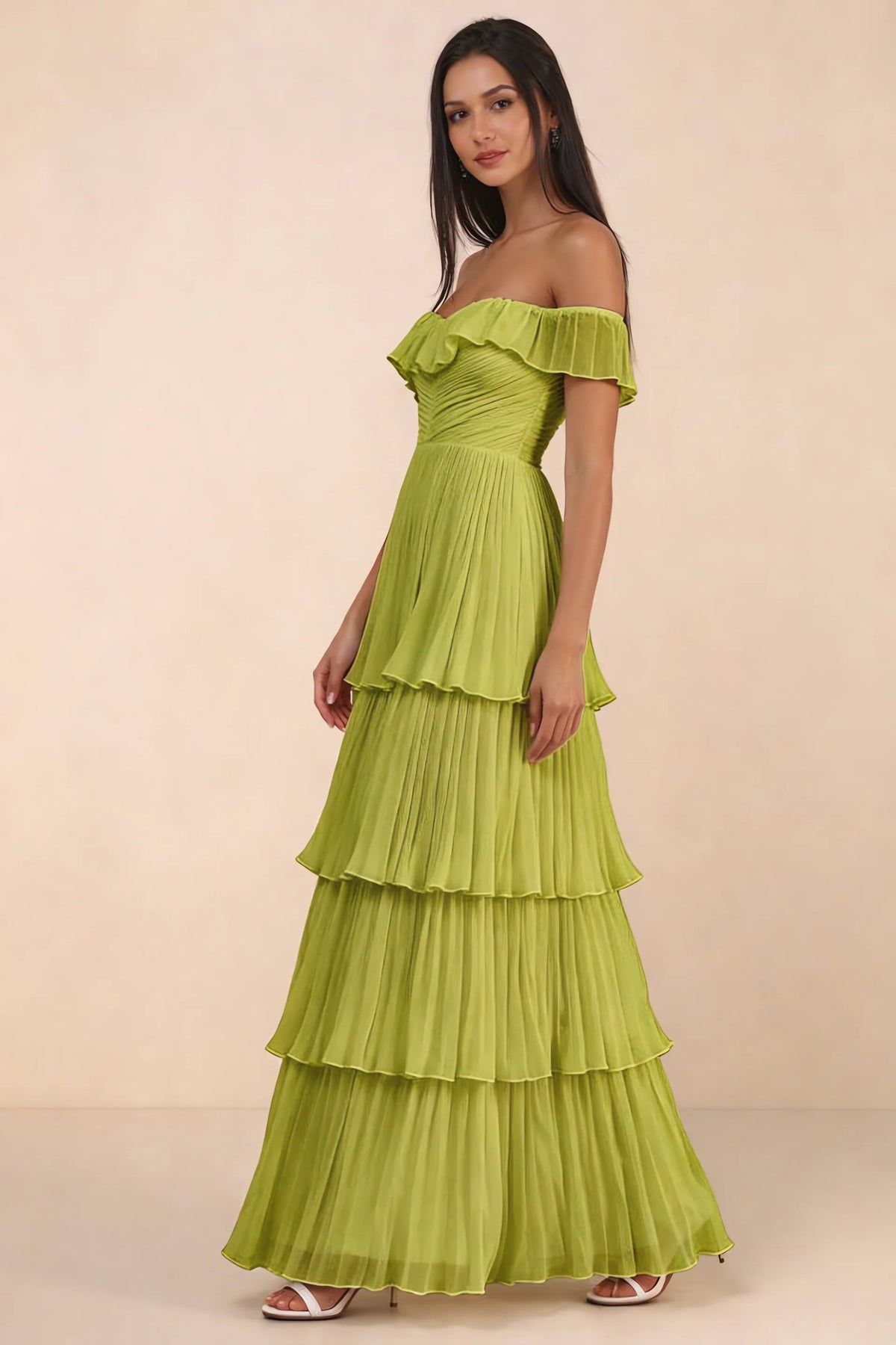 Alternate front studio view of Seraphina lemon green tiered ruffle maxi dress with a long flowing skirt