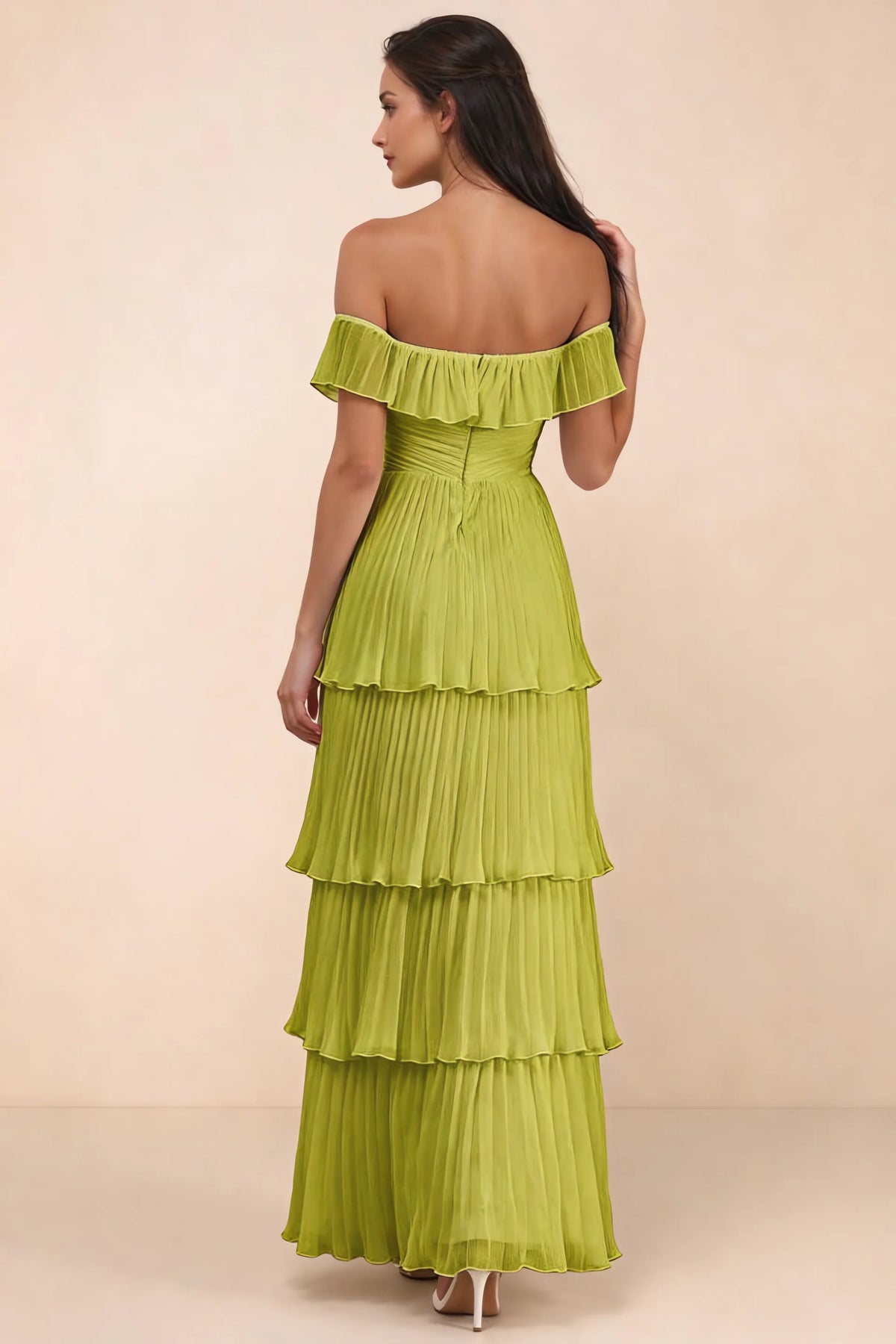 Rear studio view of Seraphina lemon green tiered ruffle maxi dress with a long flowing skirt