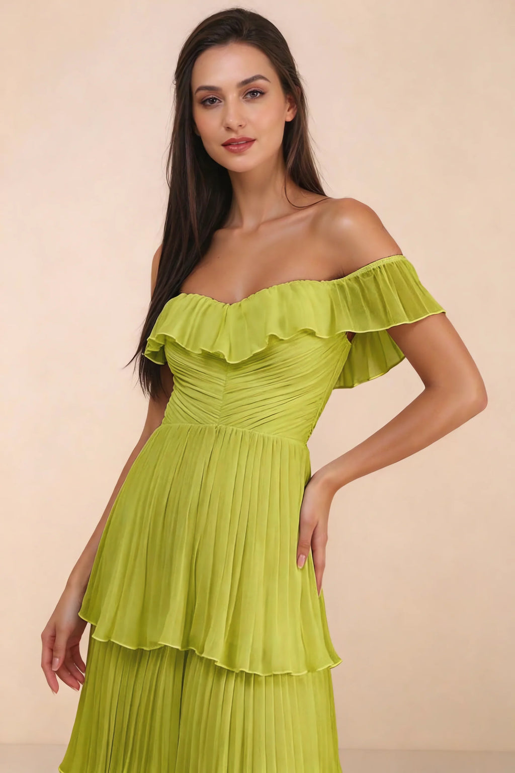 Close-up of shallow sweetheart neckline and off-shoulder ruffle and tiered skirt of Seraphina lemon green tiered ruffle maxi dress