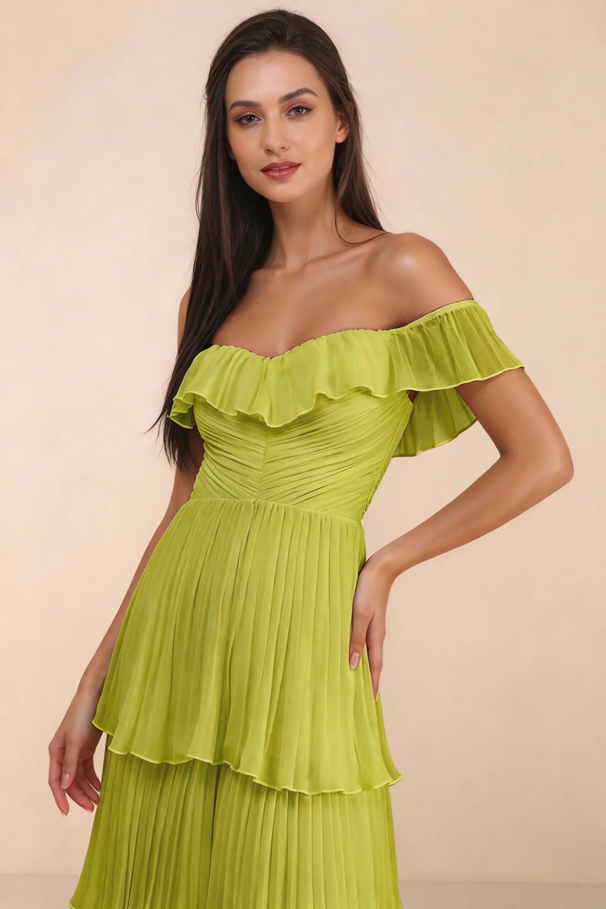 Close-up of shallow sweetheart neckline and off-shoulder ruffle and tiered skirt of Seraphina lemon green tiered ruffle maxi dress
