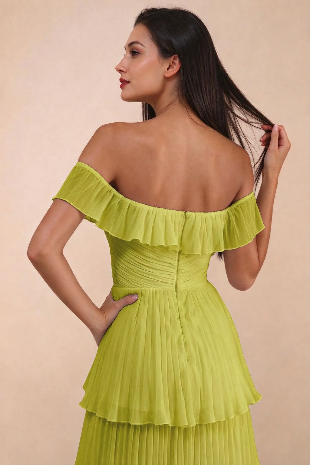 Close-up of back neckline ruffle, ruching and centre-back zipper of Seraphina lemon green tiered ruffle maxi dress