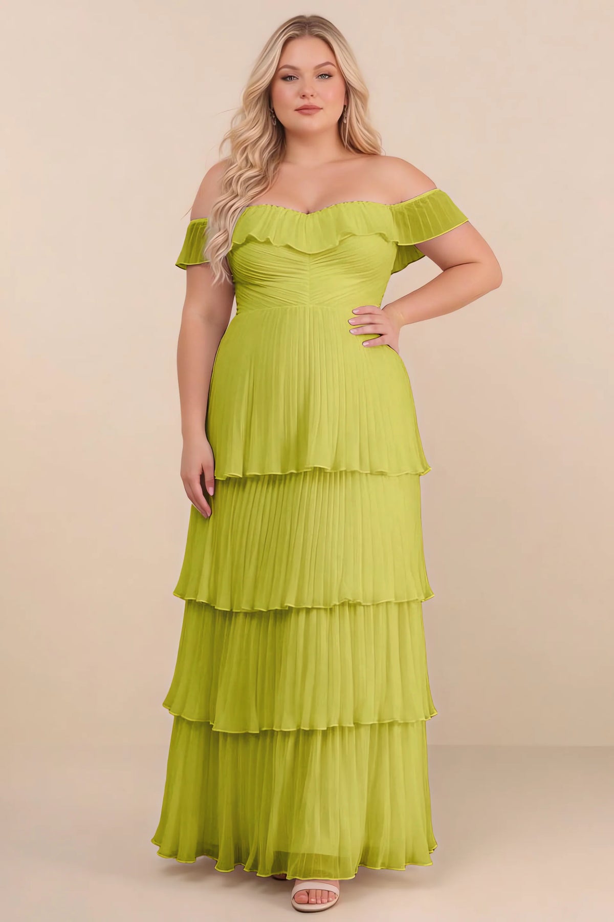 Front view on a second model of Seraphina lemon green tiered ruffle maxi dress with a long flowing skirt