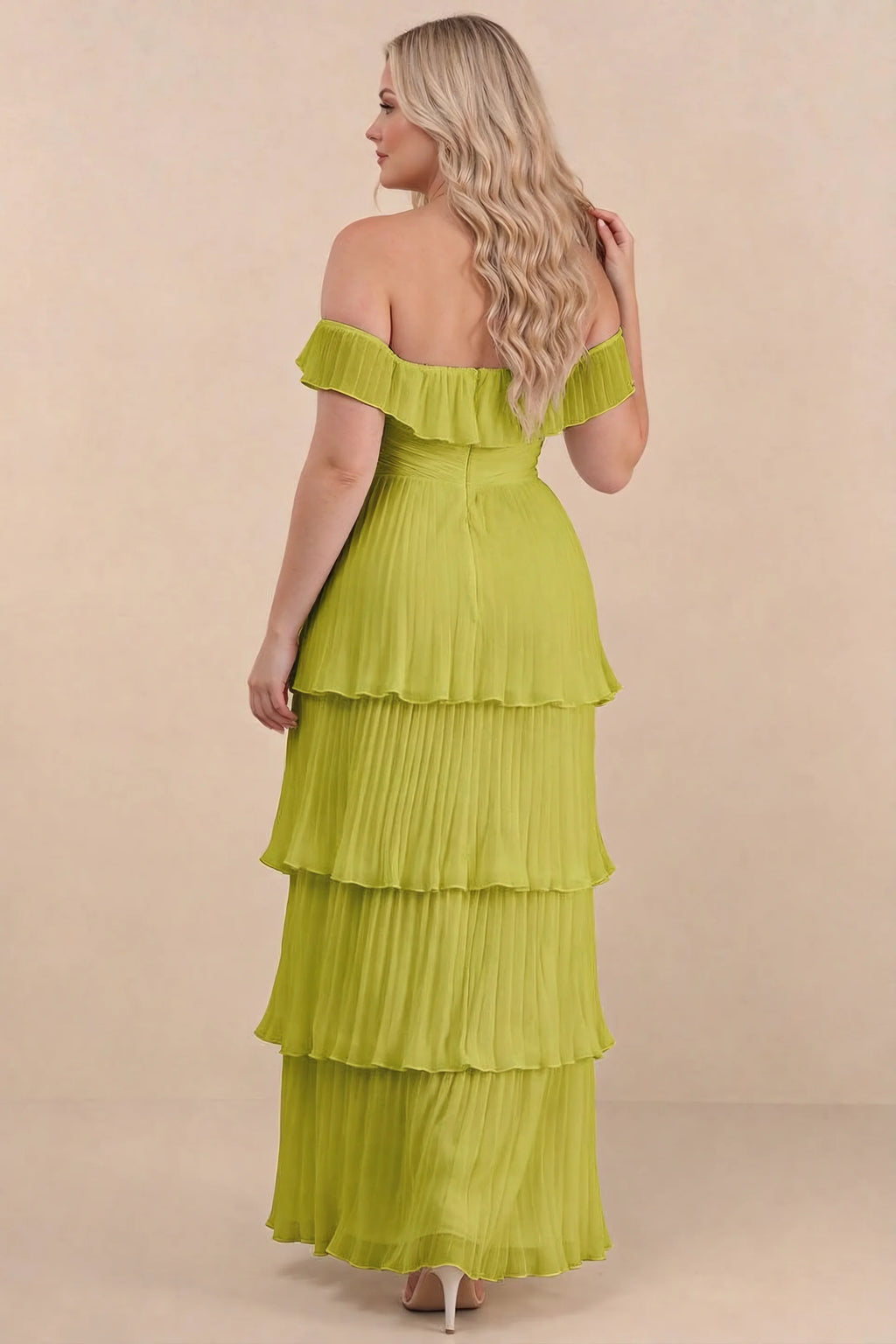 Rear view on a second model of Seraphina lemon green tiered ruffle maxi dress with a long flowing skirt