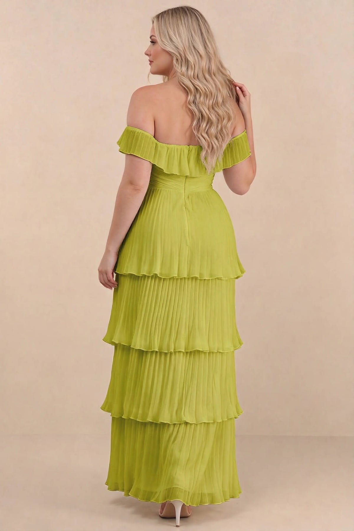 Rear view on a second model of Seraphina lemon green tiered ruffle maxi dress with a long flowing skirt