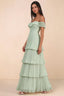 Front studio view of Seraphina light green tiered ruffle maxi dress with a long flowing skirt