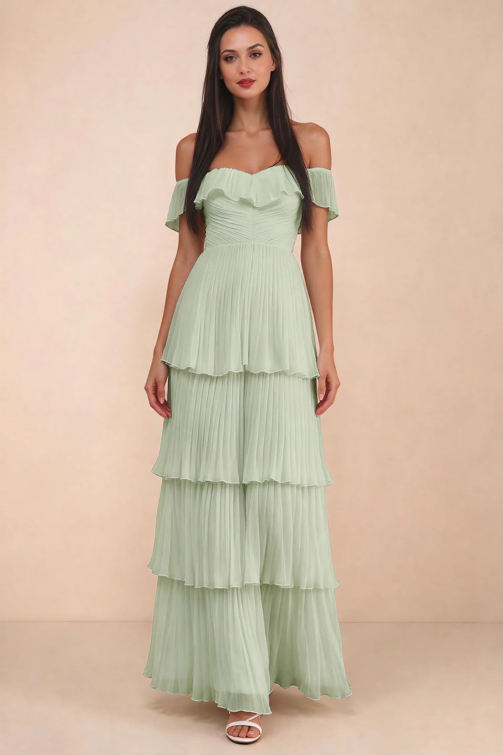 Alternate front studio view of Seraphina light green tiered ruffle maxi dress with a long flowing skirt