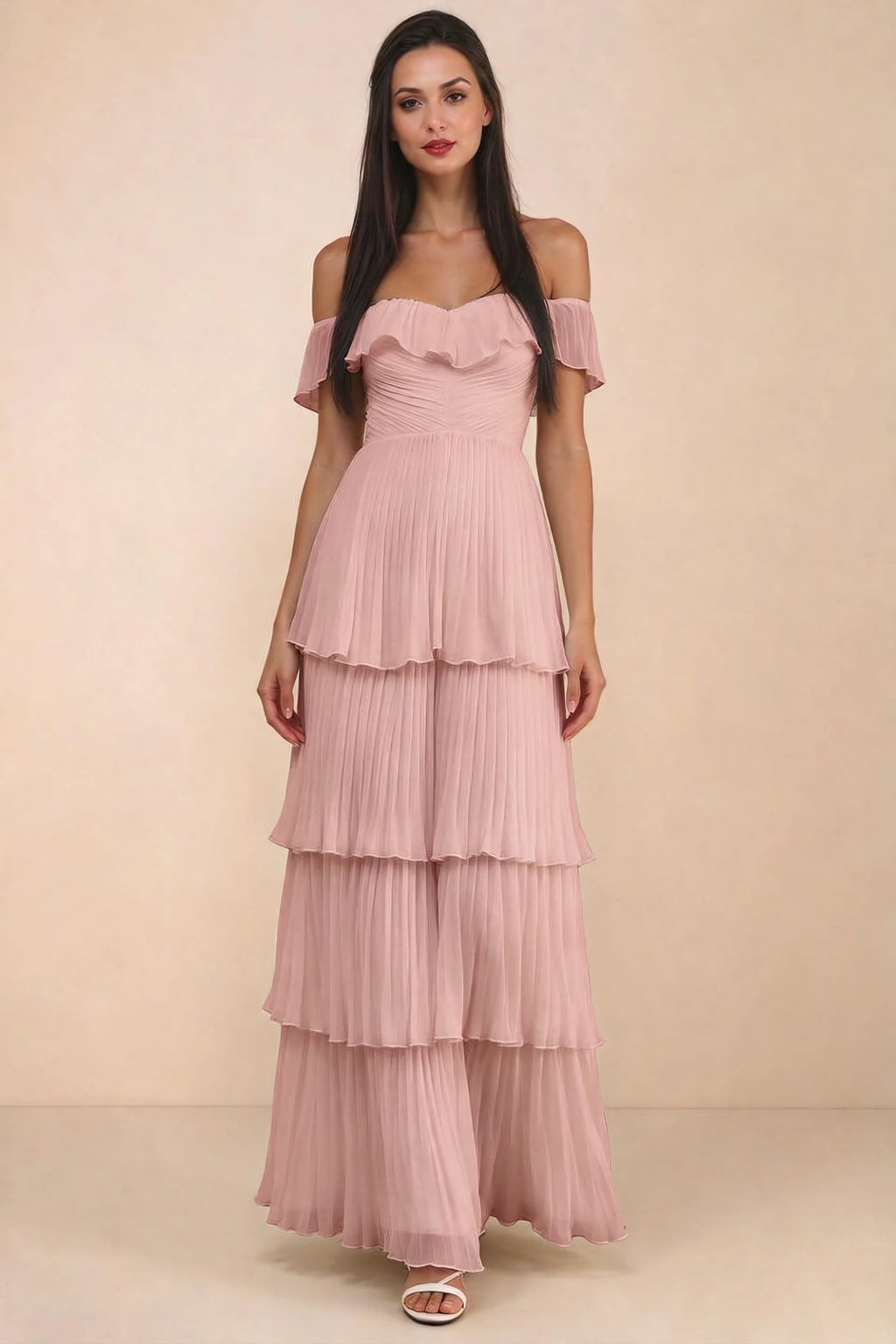 Front studio view of Seraphina light pink tiered ruffle maxi dress with a long flowing skirt