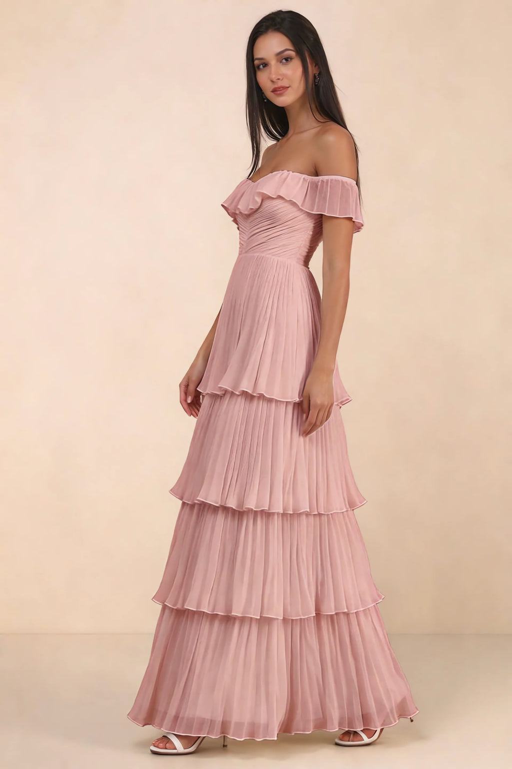 Alternate front studio view of Seraphina light pink tiered ruffle maxi dress with a long flowing skirt