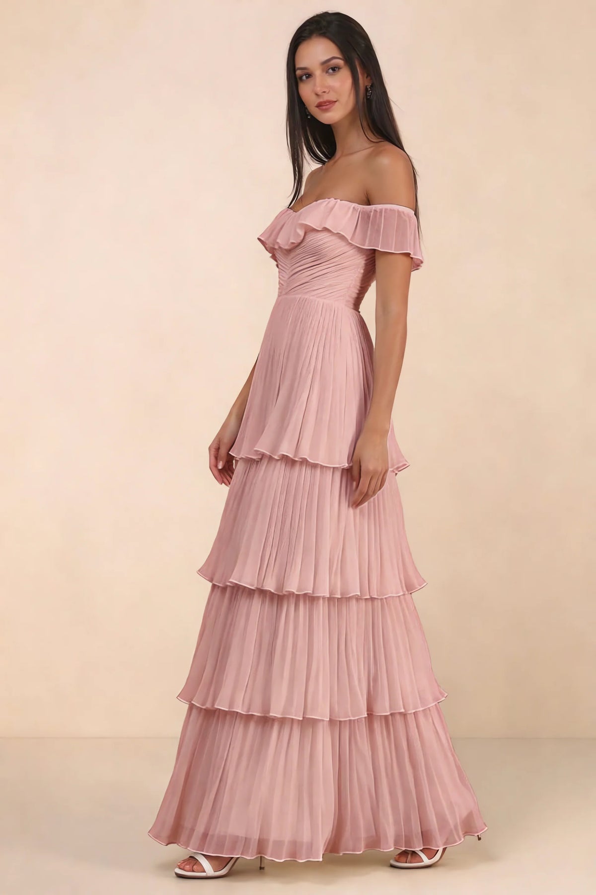 Alternate front studio view of Seraphina light pink tiered ruffle maxi dress with a long flowing skirt