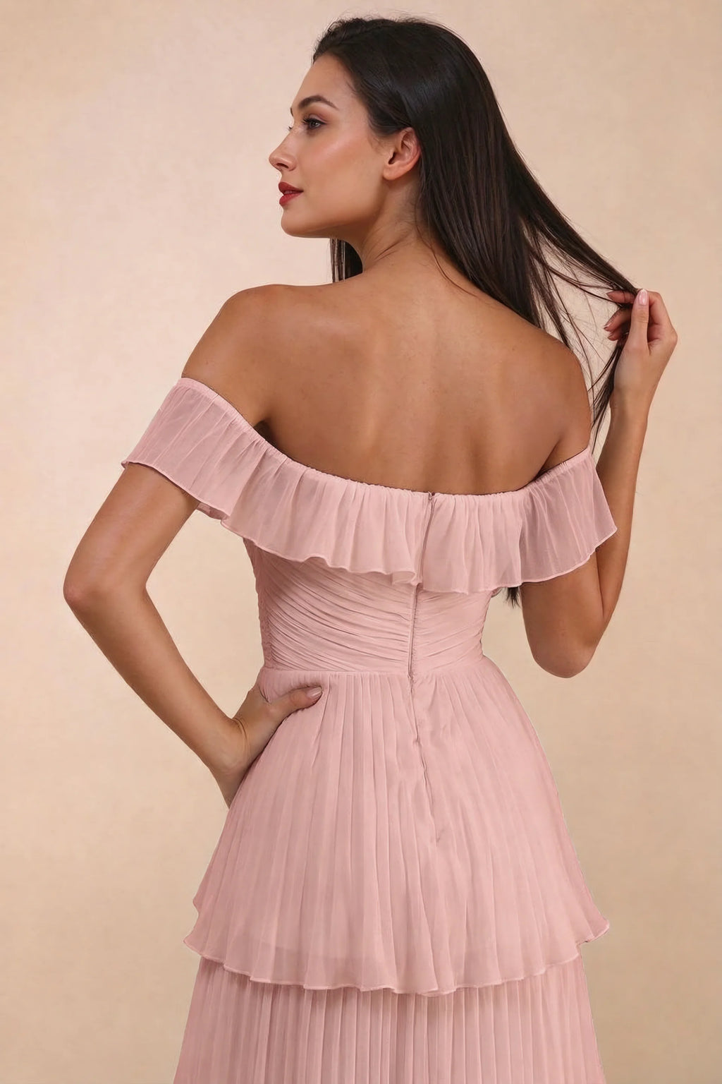 Close-up of back neckline ruffle, ruching and centre-back zipper of Seraphina light pink tiered ruffle maxi dress