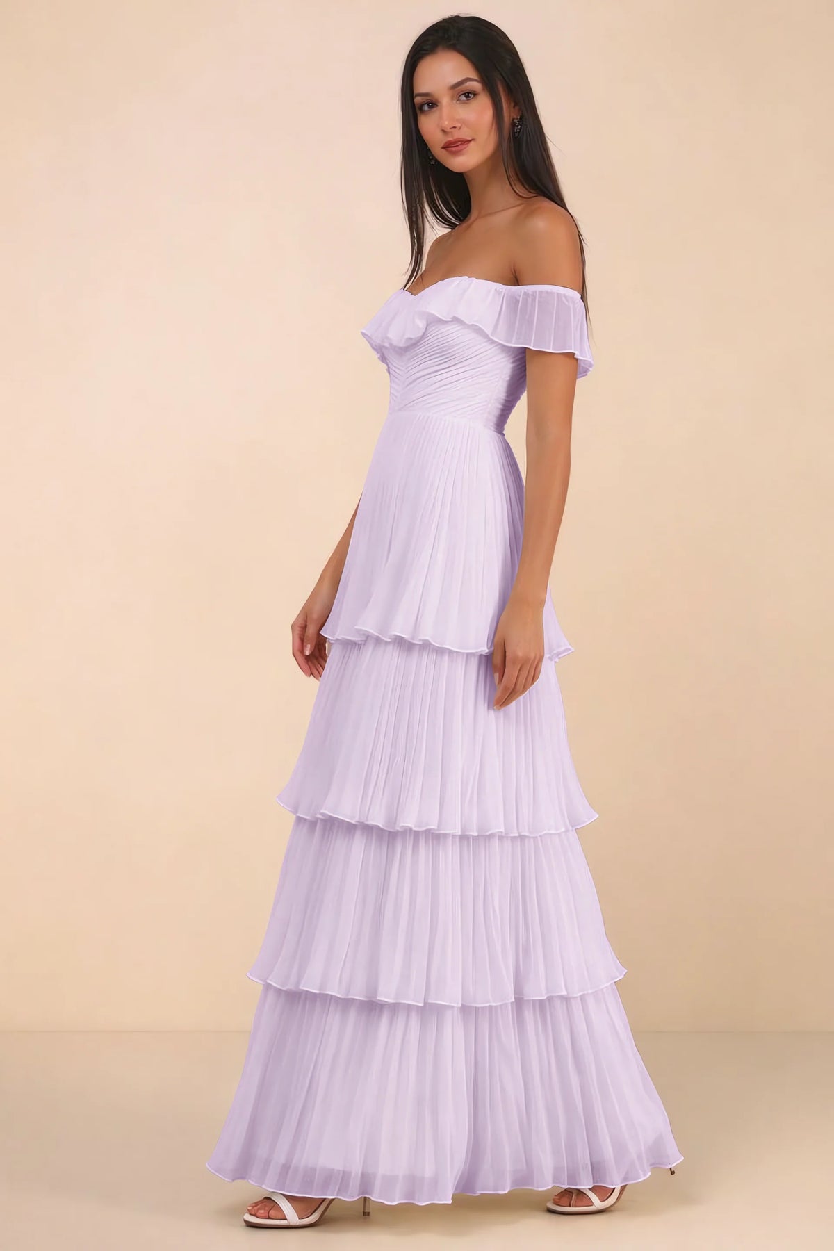 Front studio view of Seraphina lilac tiered ruffle maxi dress with a long flowing skirt