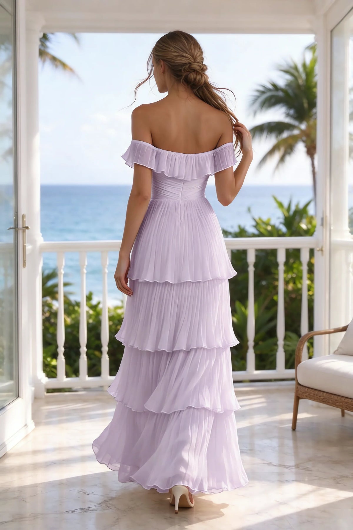 Outdoor rear view on a seaside terrace of Seraphina lilac tiered ruffle maxi dress with a long flowing skirt