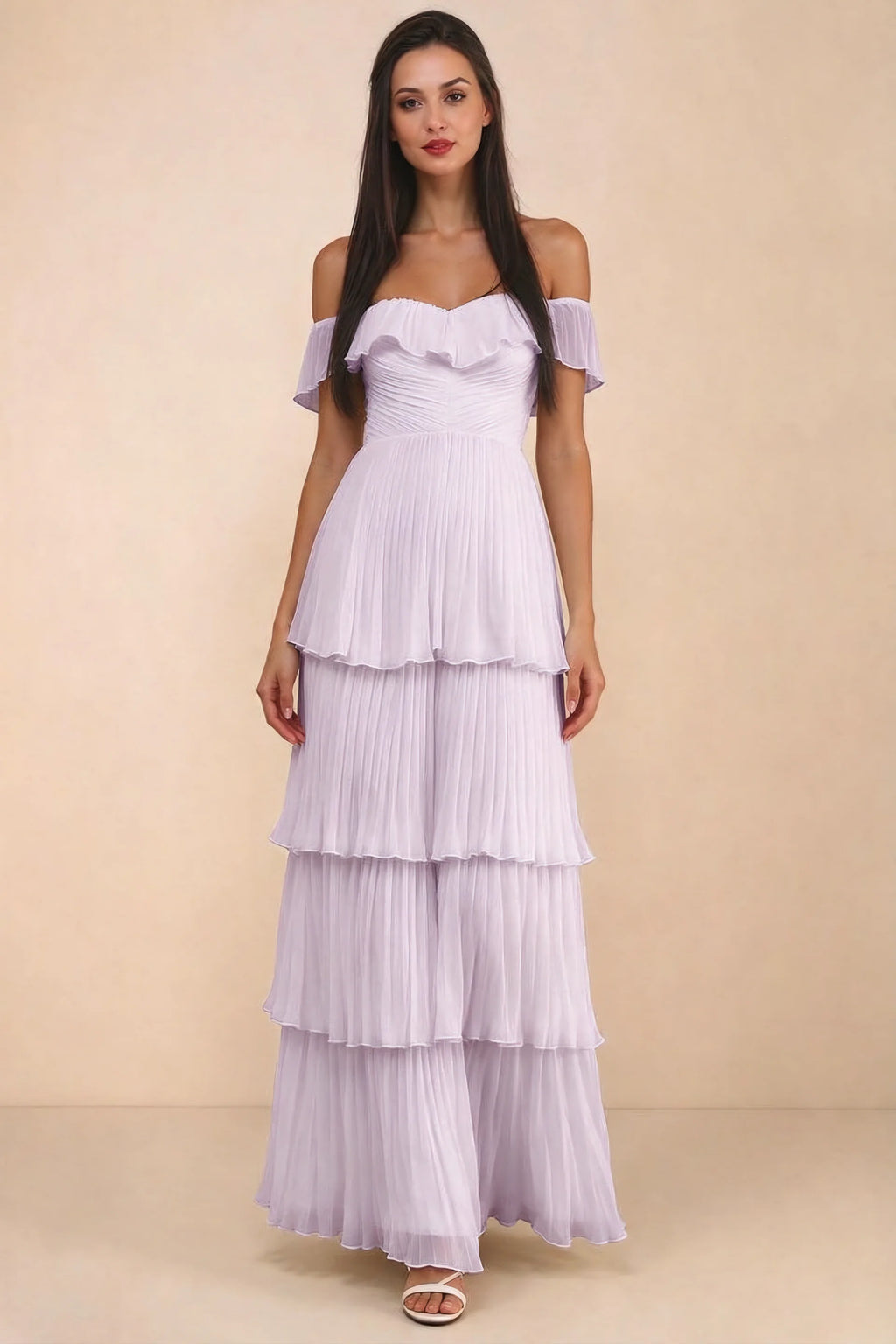 Alternate front studio view of Seraphina lilac tiered ruffle maxi dress with a long flowing skirt