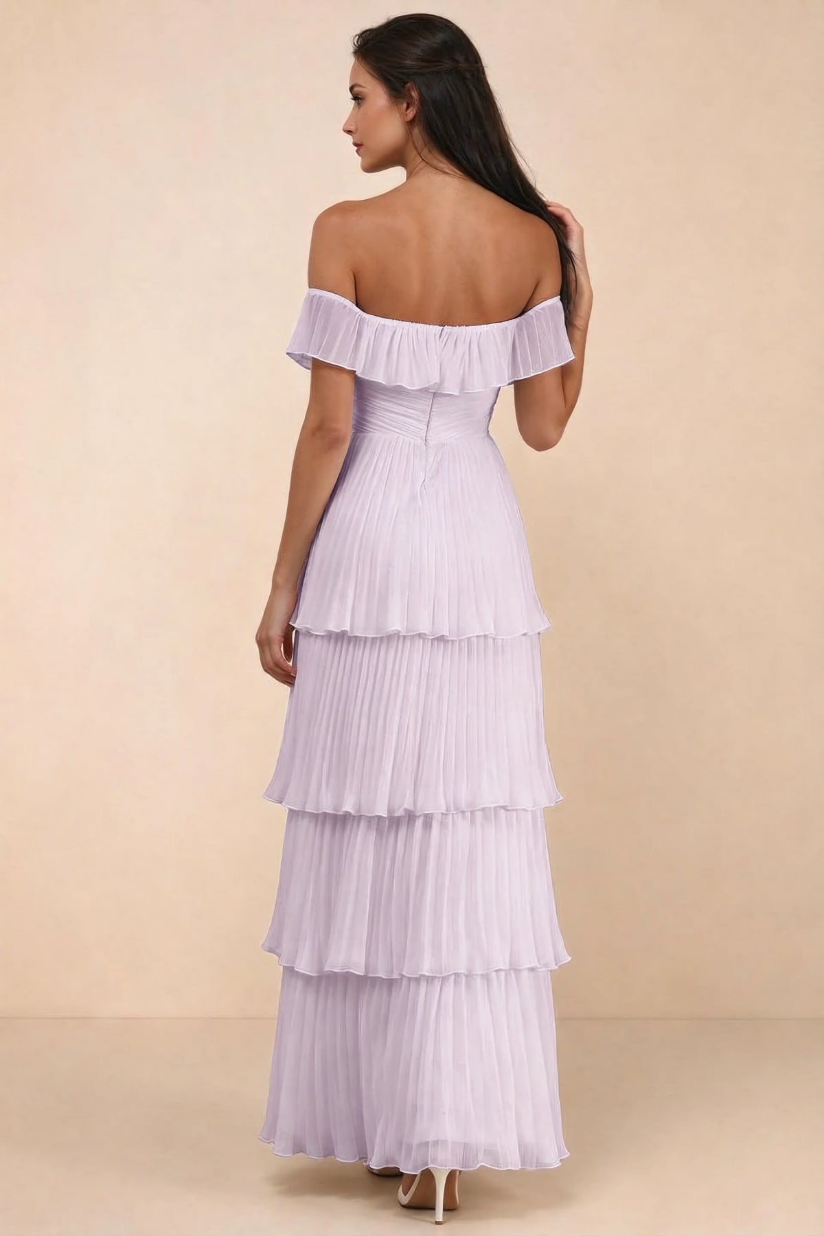 Rear studio view of Seraphina lilac tiered ruffle maxi dress with a long flowing skirt