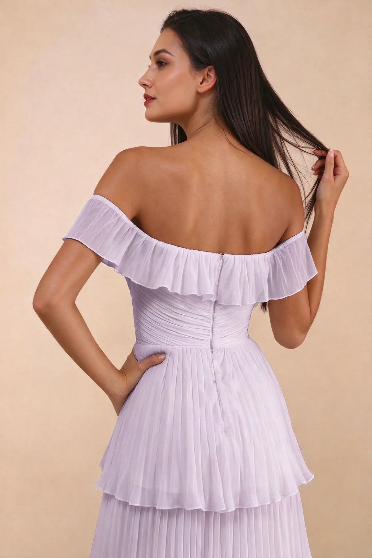 Close-up of back neckline ruffle, ruching and centre-back zipper of Seraphina lilac tiered ruffle maxi dress