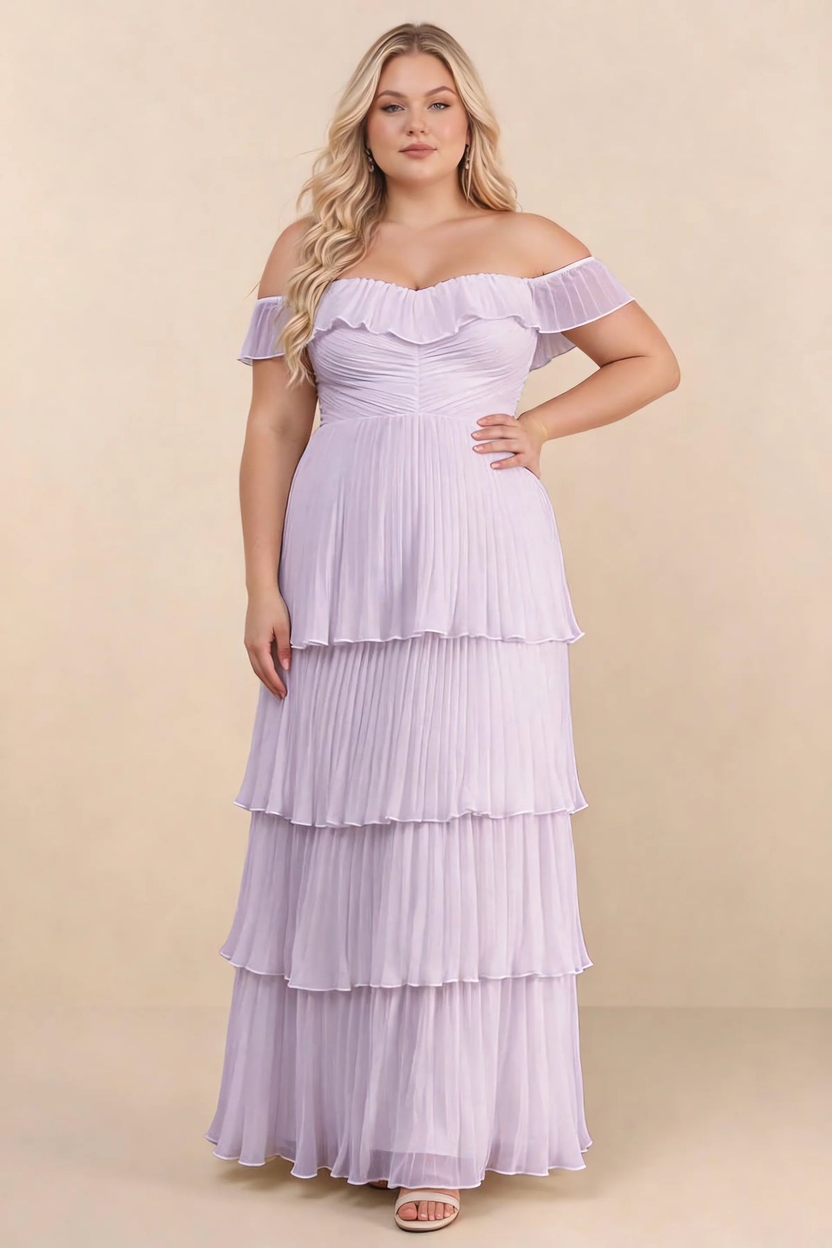 Front view on a second model of Seraphina lilac tiered ruffle maxi dress with a long flowing skirt